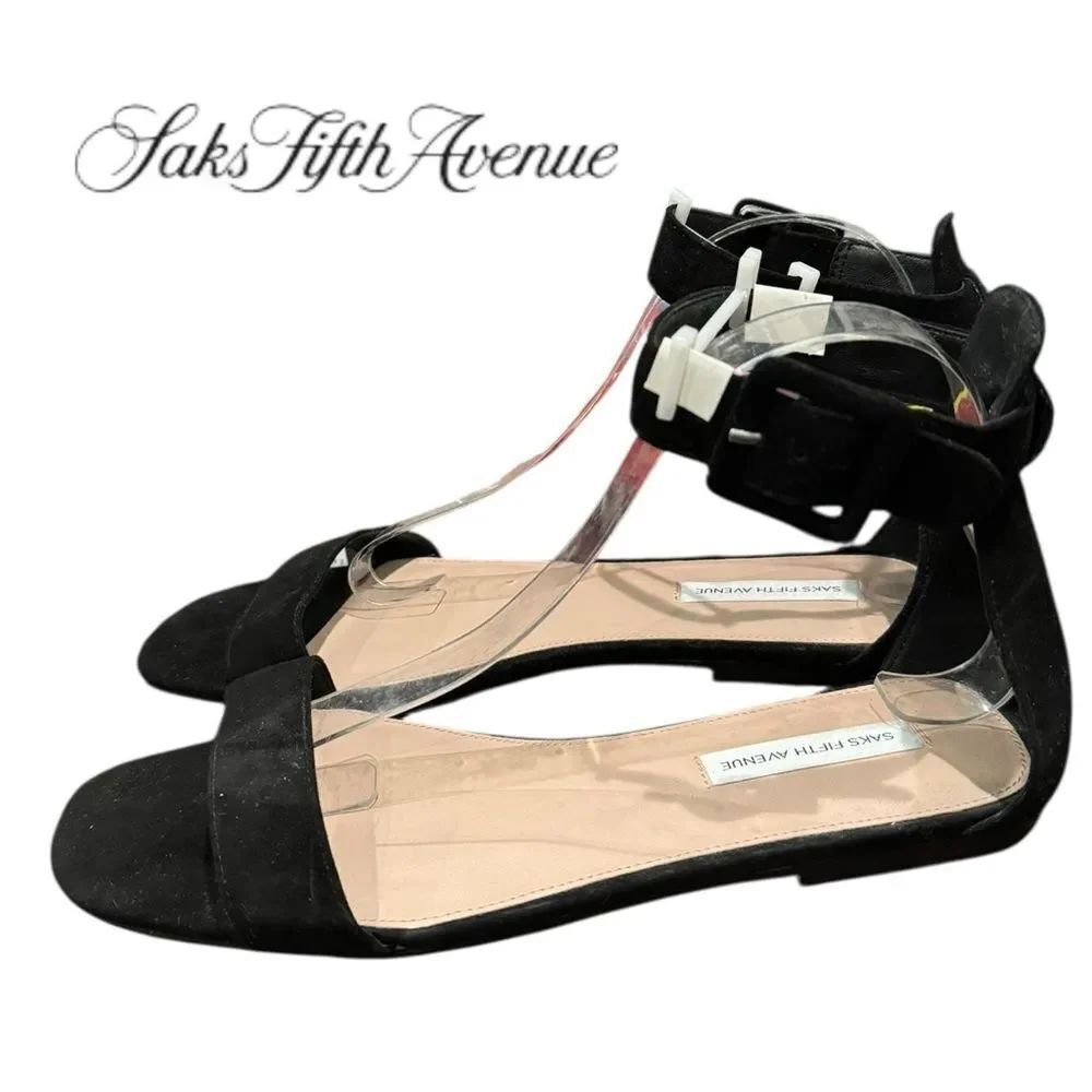 New Saks Fifth Avenue Women's Black Suede Adjustable Ankle Strap Sandals 9